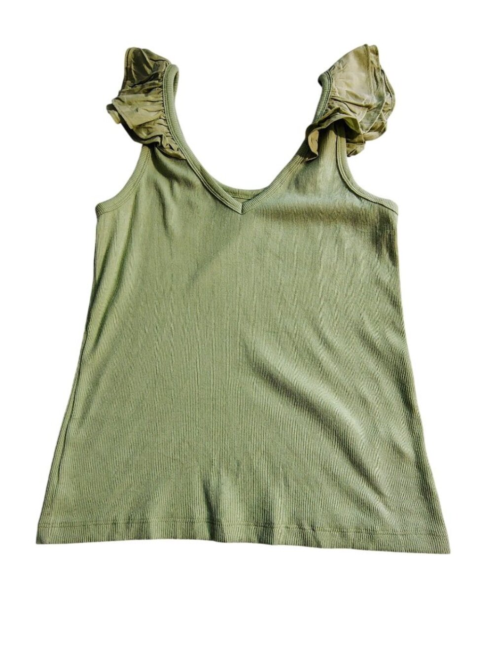 Old Navy Womens Green Ribbed Tank Top With Ruffled Straps - Size M Lightweight